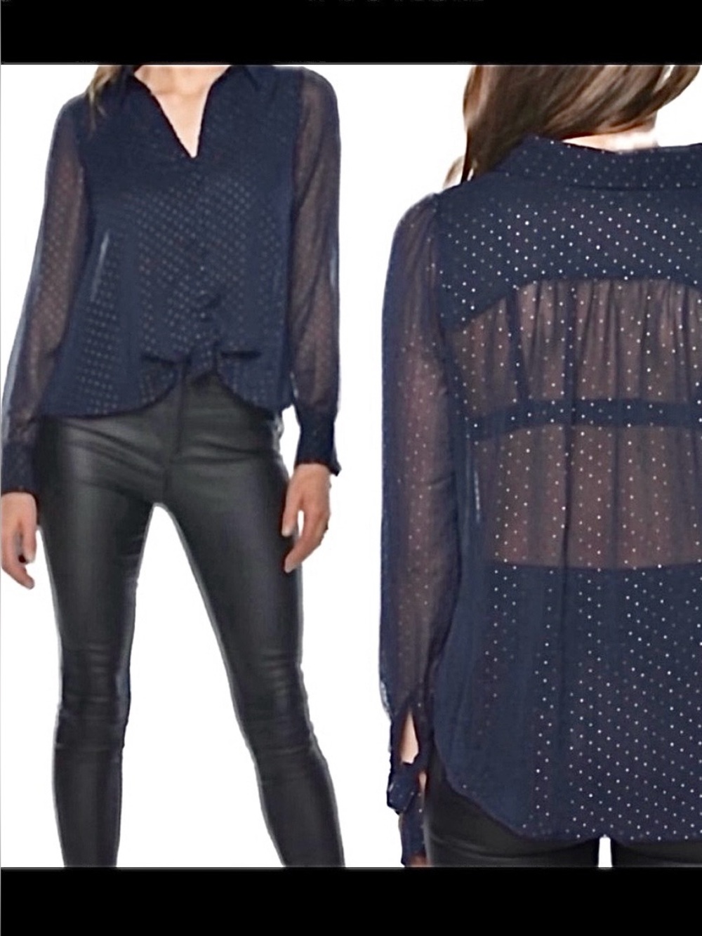 Bardot Sheer Blue w Silver Dot Button Up Blouse Size Large